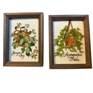 Vintage 70s Handmade Crewel Plants Fern Ivy Set of 2 Framed Art 6X8